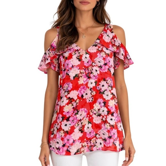 CAbi Tops - Cabi Red Floral Cold Shoulder Ruffle Sleeve Womens Top V-Neck Blouse 5352 Medium